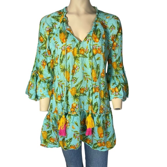 DEBBIE KATZ “ELISA” Tropical Print Women's Summer Top / Dress Beach Coverup L - Picture 1 of 8